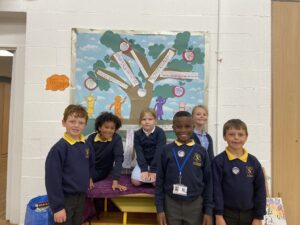 Key Stage 2 students in front of their amazing issue tree display