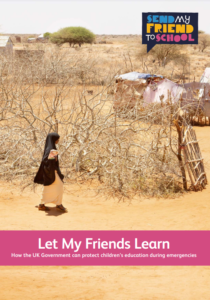 Cover for Send My Friend to School policy report. Young girl walks to school against desert-like background